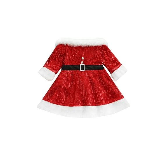 Christmas Kids Baby Girl Red Sequin Dress Party Princess Long Sleeve Plush Off Shoulder Dress with Waist Belt