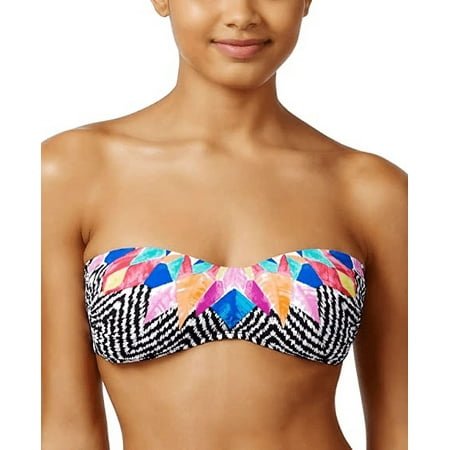 Bar III BLACK/WHITE MULTI Feather Daze Bandeau Bikini Swim Top  US X-Small