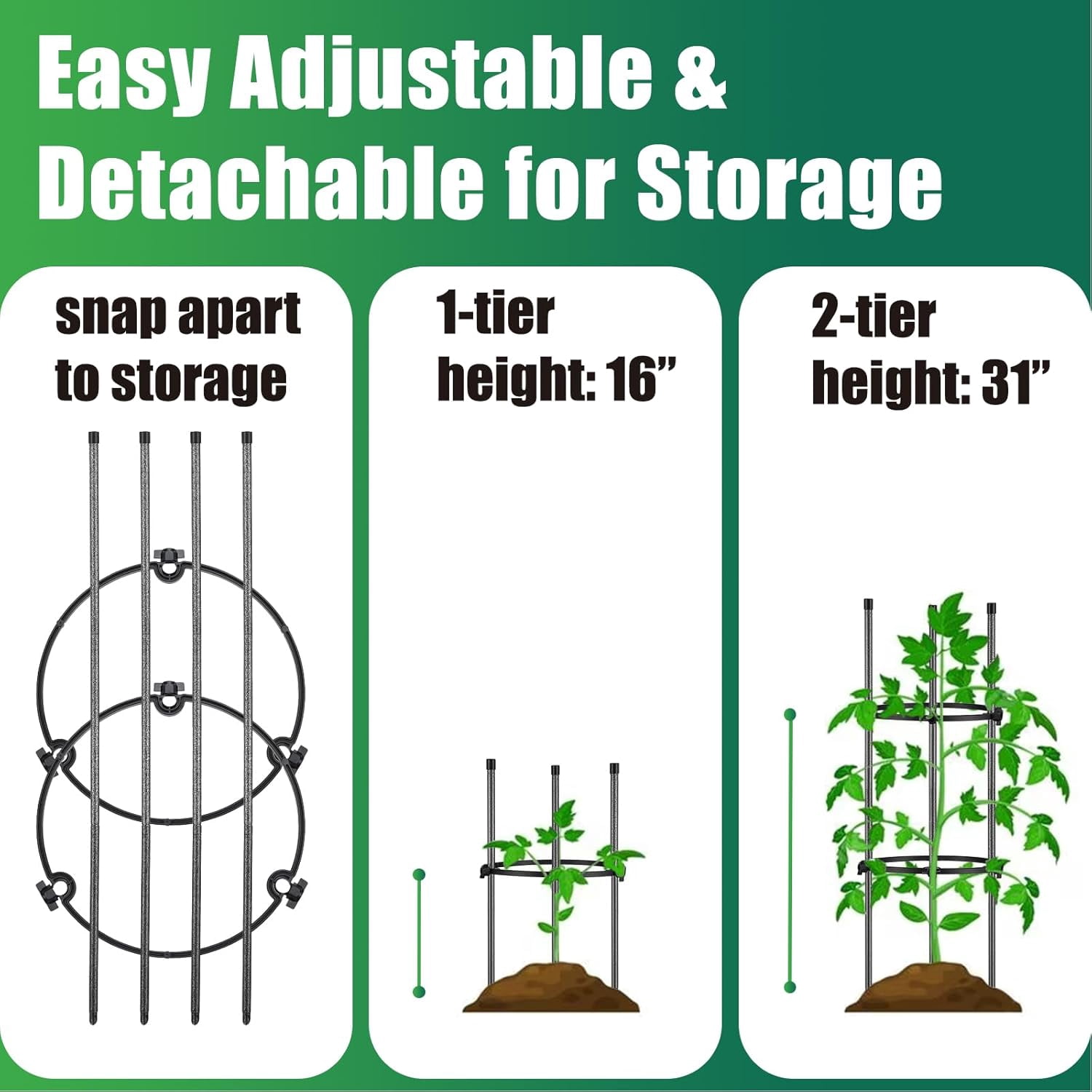 31" Metal Tomato Cage Garden Trellis to Support Plan with 2 Adjustable Support Rings for Pots,1 Pack