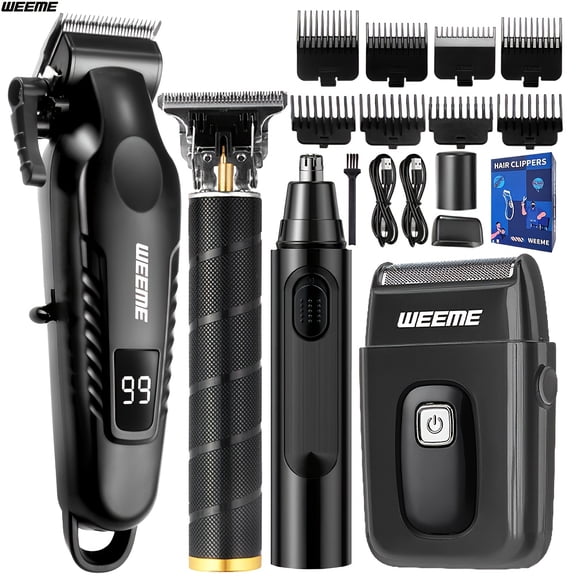 WEEME 4-in-1 Men's Grooming Kit: Hair Clipper, Beard Trimmer, Nose Trimmer & T-Blade Shaver, USB Rechargeable with LCD Display, Gift for Men/Dad