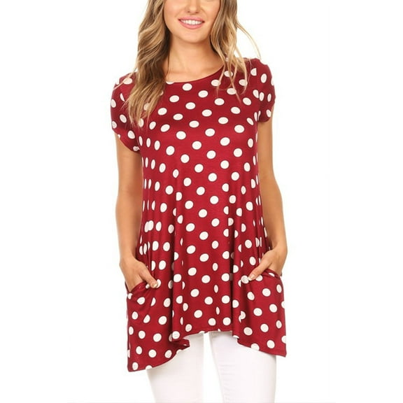 Women's Relaxed Fit Short Sleeve Polka Dot Round Neck Casual Pockets Blouse Top