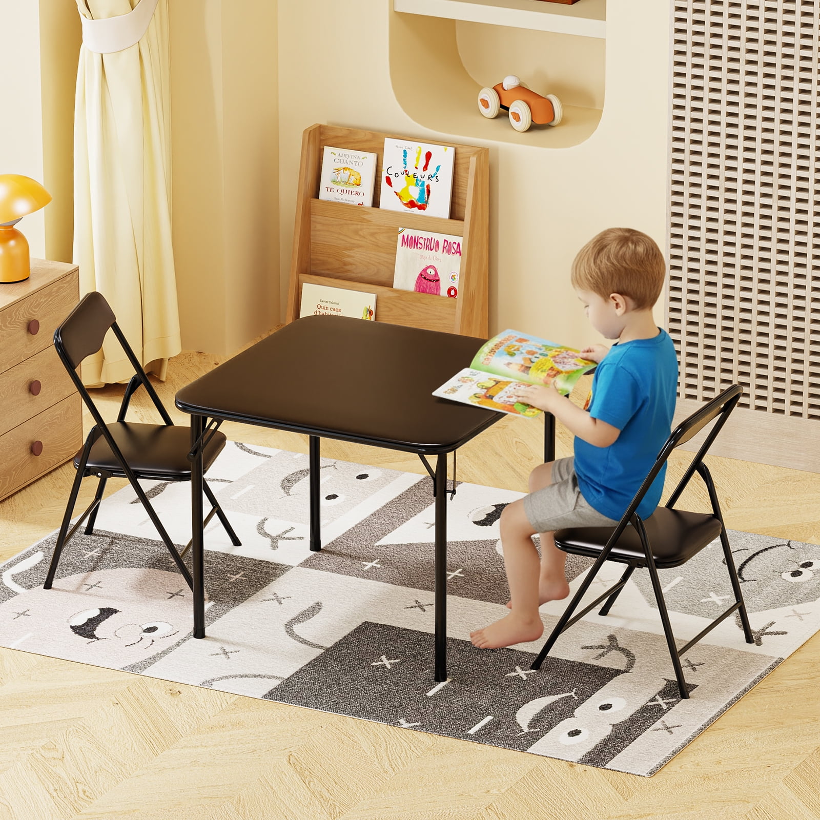 Matladin 3-Piece Kids Folding Table and Chairs Set, Metal Frame Children's Activity Set with Easy-Fold Design, Kids Table with 2 Chairs