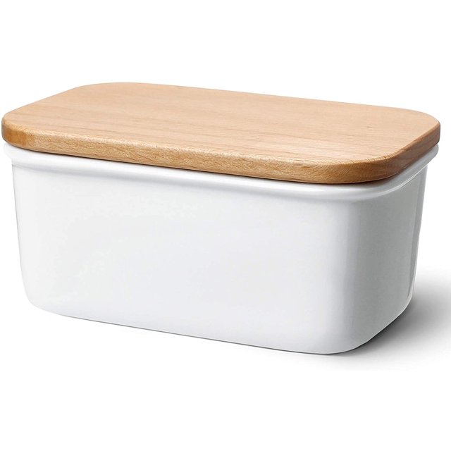 Mantequera de porcelana con tapa de madera, para 250 g de mantequilla, grande, blanca