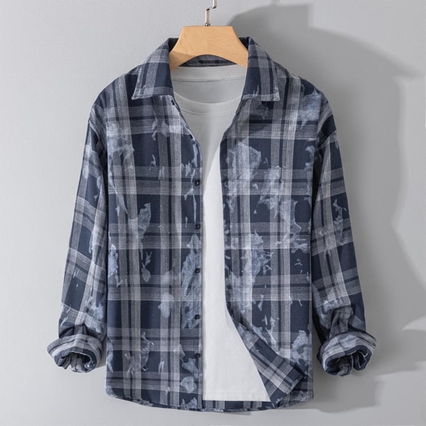 Blusa y camisa de manga larga con cuello vuelto para hombre, estilo casual, de color liso, con botones, de poliéster.