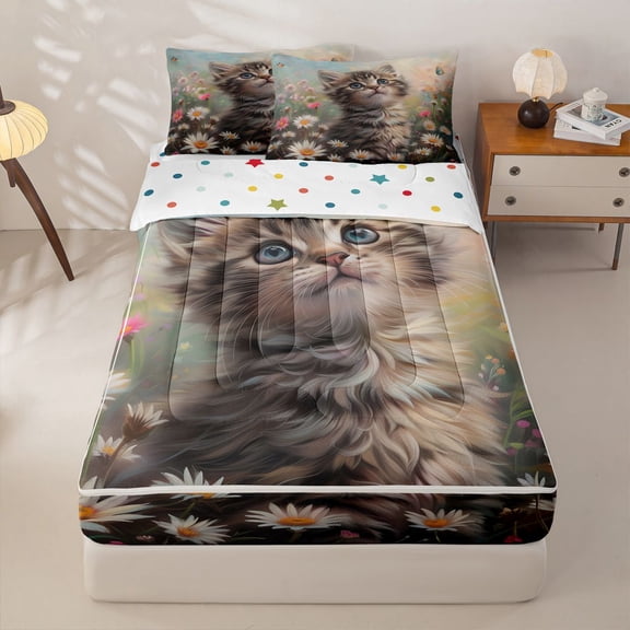 jejeloiu Colorful Cute Flower Zipper Twin Comforter Sets with Fitted Sheet and 2 Pillowcases Kids,Kawaii Pet Animal Cat Zipper Bedding Set,Reversible,4 Pieces