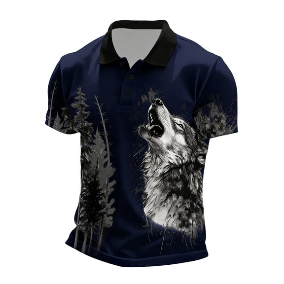 Bibifish Mens Polo Shirts Short Sleeve Forest Wolf Graphic Print Casual Shirts Classic Fit Outdoor Daily Tops