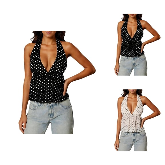 Halter Tops for Women Summer Sleeveless Deep V Neck Polka Dots Backless Ruffle Hem Crop Peplum Tank Tops Y2k Going out Top