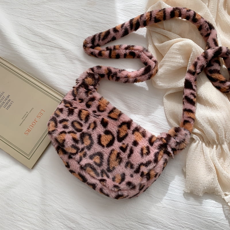 fluffy leopard shoulder bag