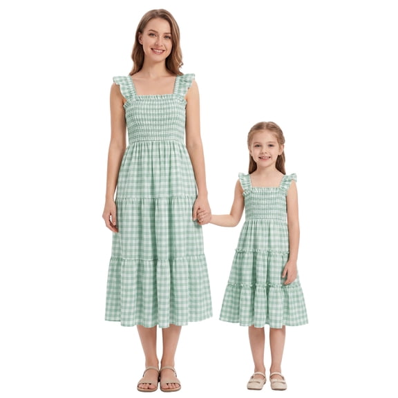 FYMNSI Mommy and Me Plaid Print Dresses with Pockets Sleeveless Smocked Long Sundress Casual High Waist Midi Tank Dress Green (Women XS)