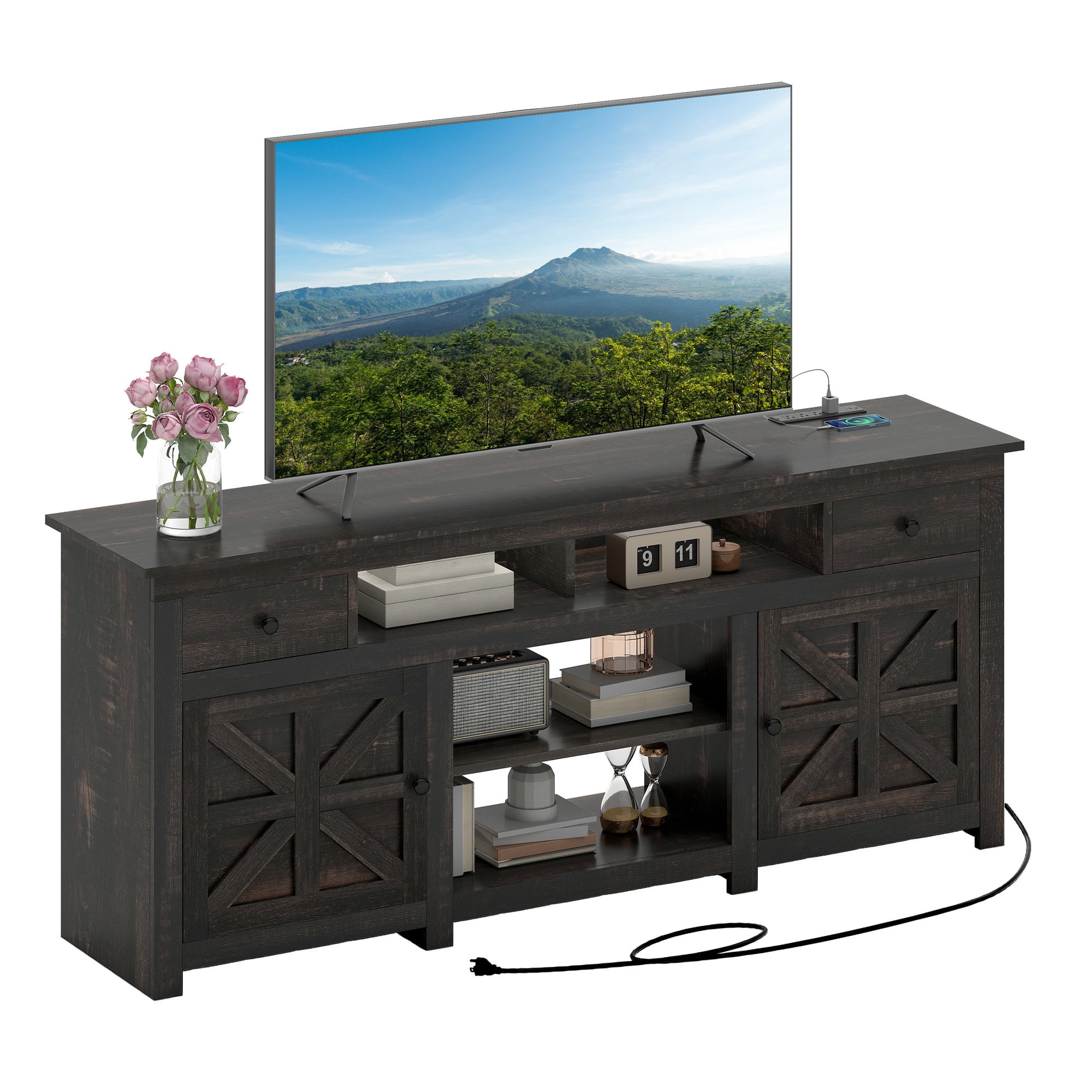 Uforic 70 Inch Modern Farmhouse TV Stand for 75/80 Inch TV with Built-in Power Outlets, 2 Cabinets & Open Compartments for Living Room, Brown