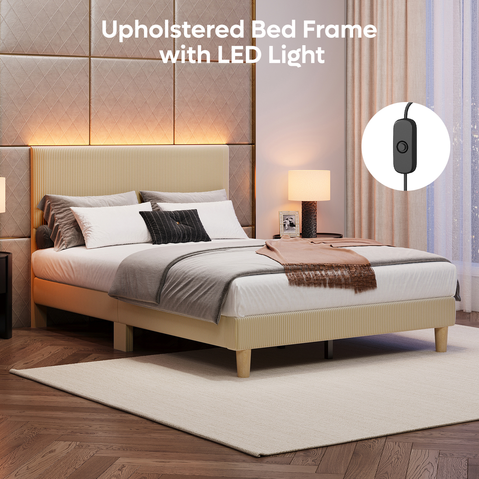 Bestier Full Corduroy Platform Bed with LED Headboard, Beige photo 4