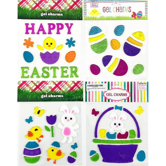 Spring Easter Window Clings Gel Decoration Pack: Colorful Bunnies, Eggs, Flowers, Butterflies, Chicks Assorted Variety