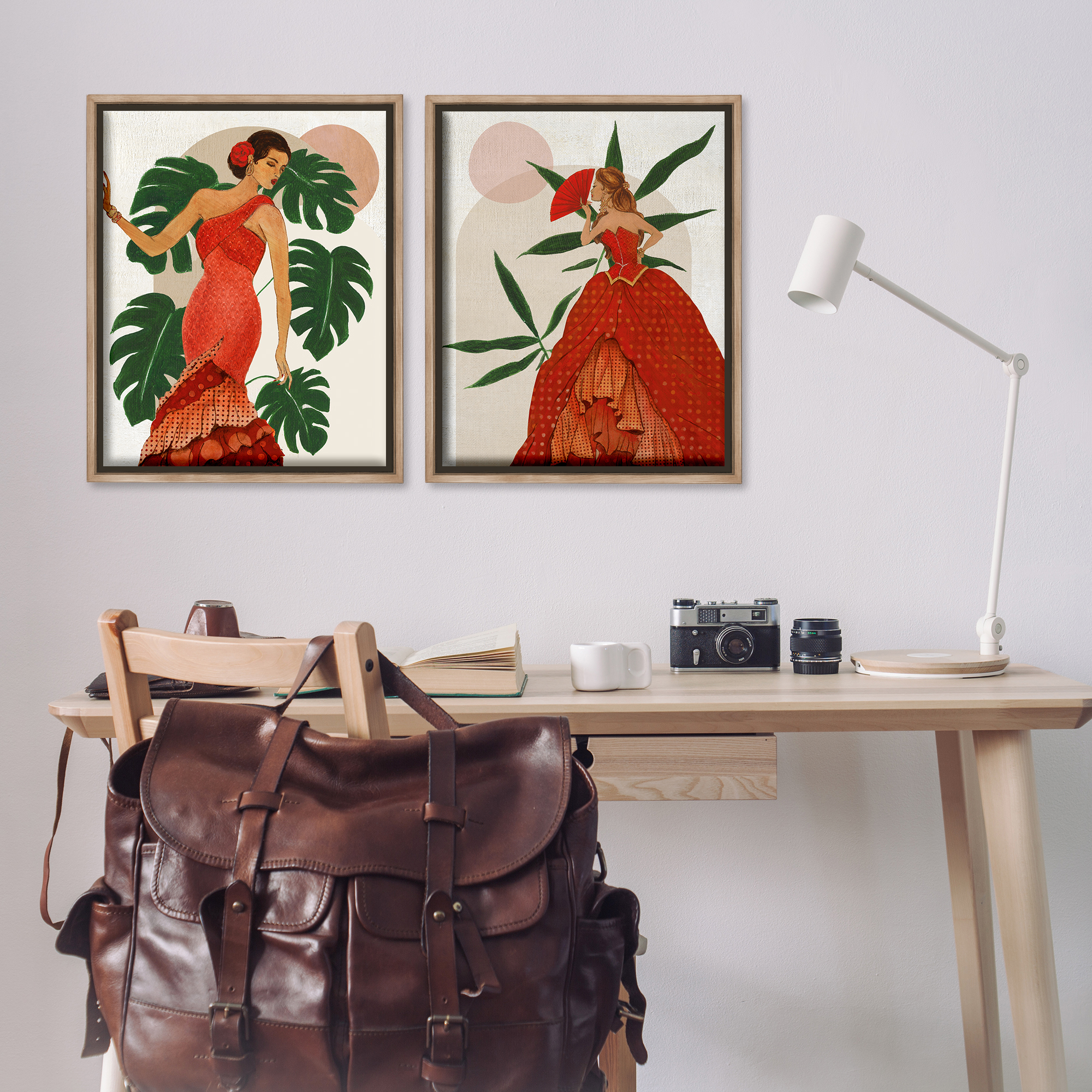 Stupell Industries Tropical Fashionistas in Red People Painting Brown Floater Framed Canvas Art Print Wall Art, 31 x 25, Set of 2