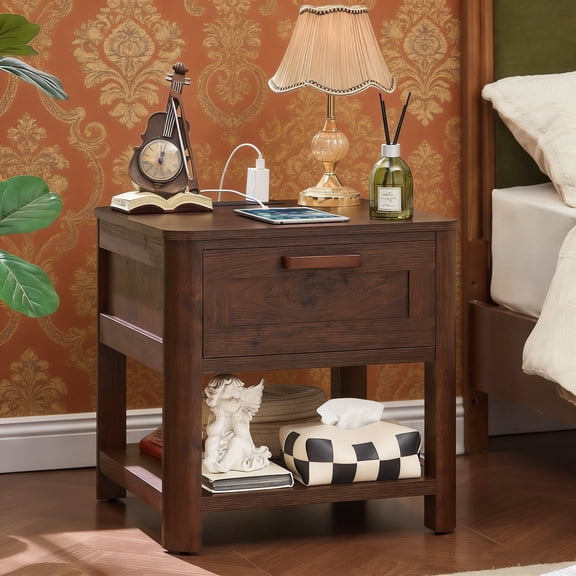 Joaxswe 19.7" Farmhouse Nightstand with Charging Station, Drawer & Open Shelf, Adult Walnut Wood End Table, for Bedroom, Living Room & Closet