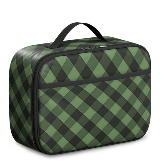 Green and Black Checkered Pattern Insulated Lunch Bag Teens,Bento School Lunch Bag for Teens for Work,Picnic or Travel 10.6x7.7x4.3 Inches,12 Can Capacity