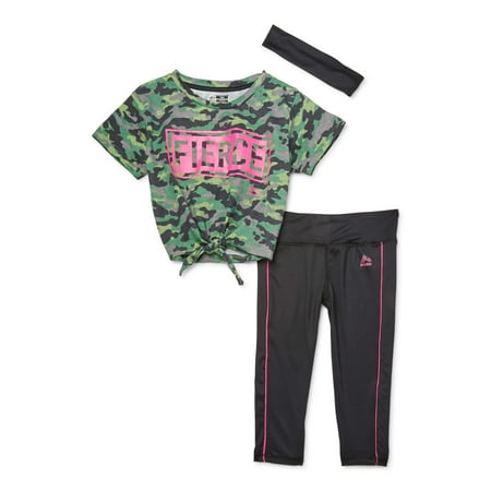 RBX Girls 7-12 Tie Front Camo T-shirt and Performance Capri Leggings, 2-Piece Active Set with Headband