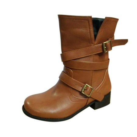 

gvdentm Boots For Women Buckle Ankle Women s Belt Round Shoes Toe Boots Heel Thick Boots women s S Boots for Women