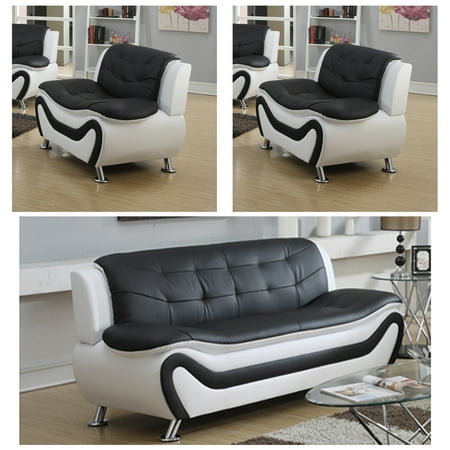 Frady Faux Leather Modern Living Room Sofa And 2 Chair Set Black White Frady Faux Leather Modern Living Room Sofa And 2 Chair Set Black White