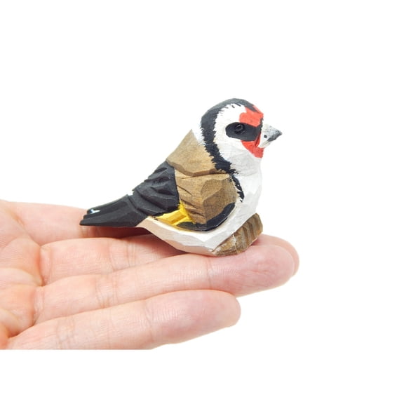 European Goldfinch - Finch Bird Miniature Hand Painted Wooden Brown Songbird Art Decoy Mini Carved Ornament Figurine Small Animals Collectible