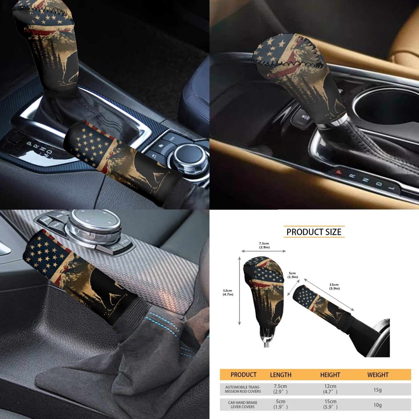 Garronmavis Bear American Flag Car Seat Covers Full Set Universal Vehicle Cushion Protectors with Cars Headrest Protectors+Wristlet Keychain+Auto Cup Coaster+Handbrake Gear+Shift Knob Cover