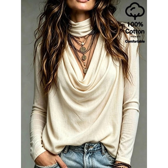 Women's Cowl Neck Long Sleeve Top, Loose Fit Draped Blouse for Work, Office, Everyday & Casual Wear