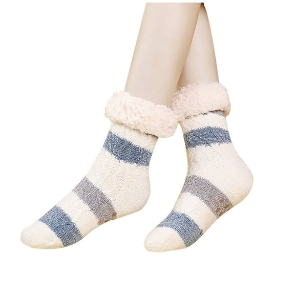 LckLvx Fuzzy Slipper Socks for Women Non-Slip Grips Color Block Warm Socks Fleece Lined Thermal Home Sleep