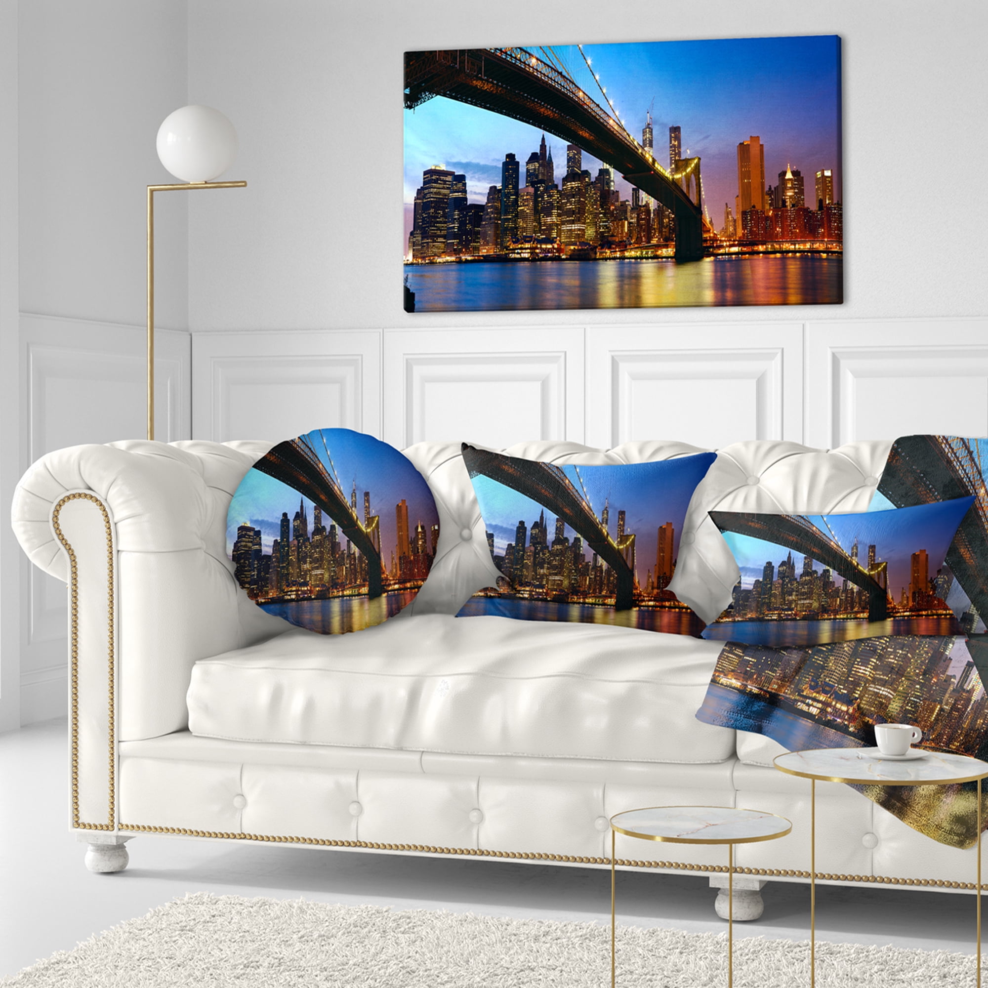 Designart Manhattan City with Bridge under Blue Sky - Cityscape Throw Pillow - 12x20