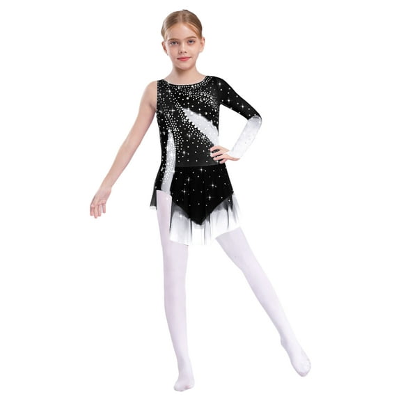 Haitryli Girls Kids Rhinestone Figure Skating Dress Sleeveless Gymnastics Skirted Leotard Lyrical Ballet Dancewear Black 14