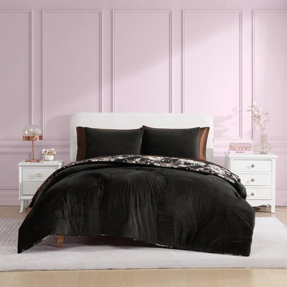 Betsey Johnson Velvet Solid Black Full/Queen Duvet Cover Set, Soft Bedding with Shams, Machine Washable