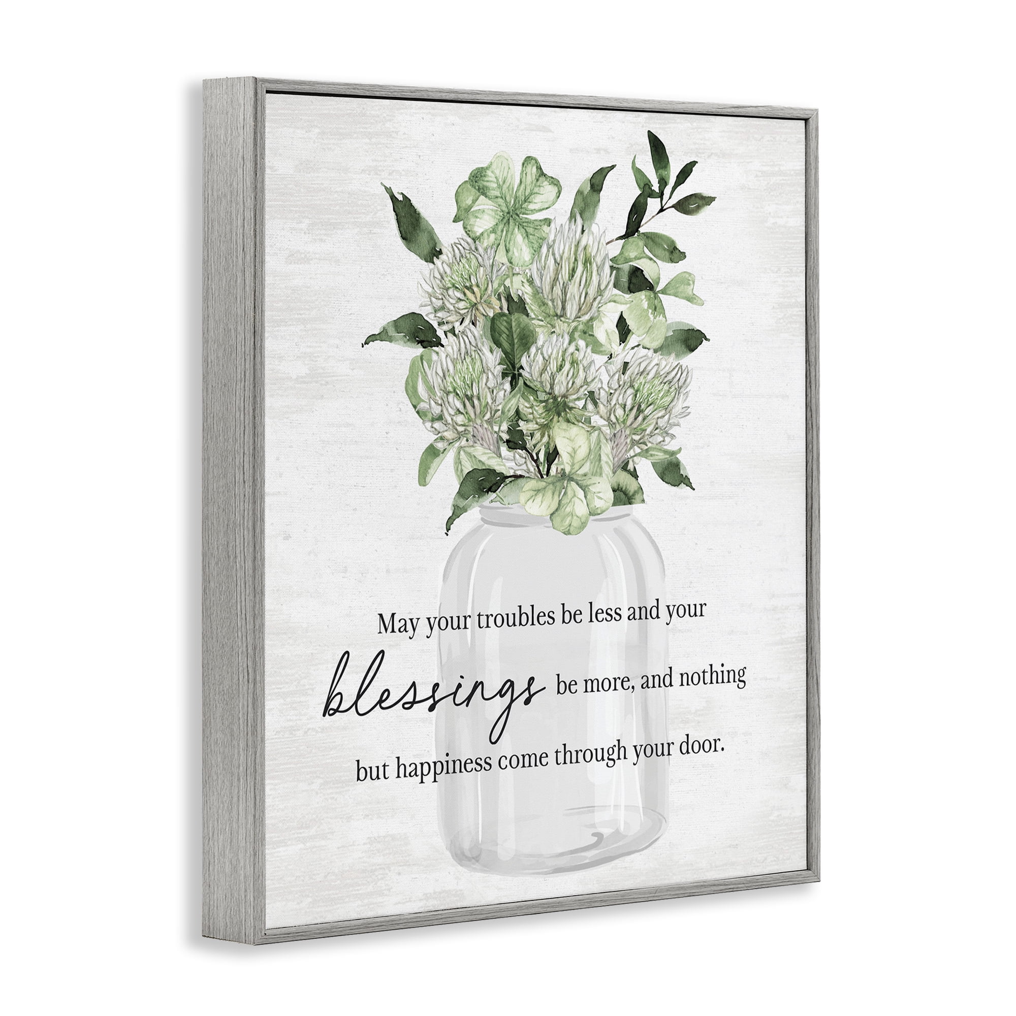 Stupell Industries Lucky Clover Blessing Botanical & Floral Painting Gray Framed Art Print Wall Art, 11 x 14