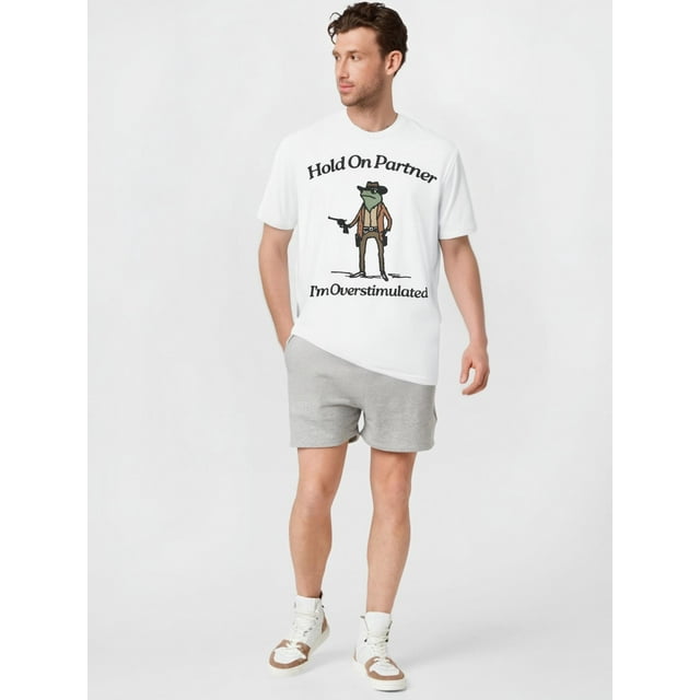 Camiseta "Aguanta, compañero, estoy sobreestimulado" - Divertida camiseta de vaquero amante de las ranas para hombre, de algodón blanco, para adultos, hombres, mujeres, adolescentes, jóvenes y ocio.