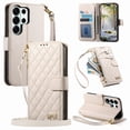 thumbnail image 1 of Funda tipo cartera FOXDOCK para Samsung Galaxy S26 Ultra, estampado de diamantes, correa larga, con ranuras para tarjetas, soporte y cremallera - Blanco, 1 of 6
