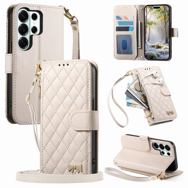 Funda tipo cartera FOXDOCK para Samsung Galaxy S26 Ultra, estampado de diamantes, correa larga, con ranuras para tarjetas, soporte y cremallera - Blanco