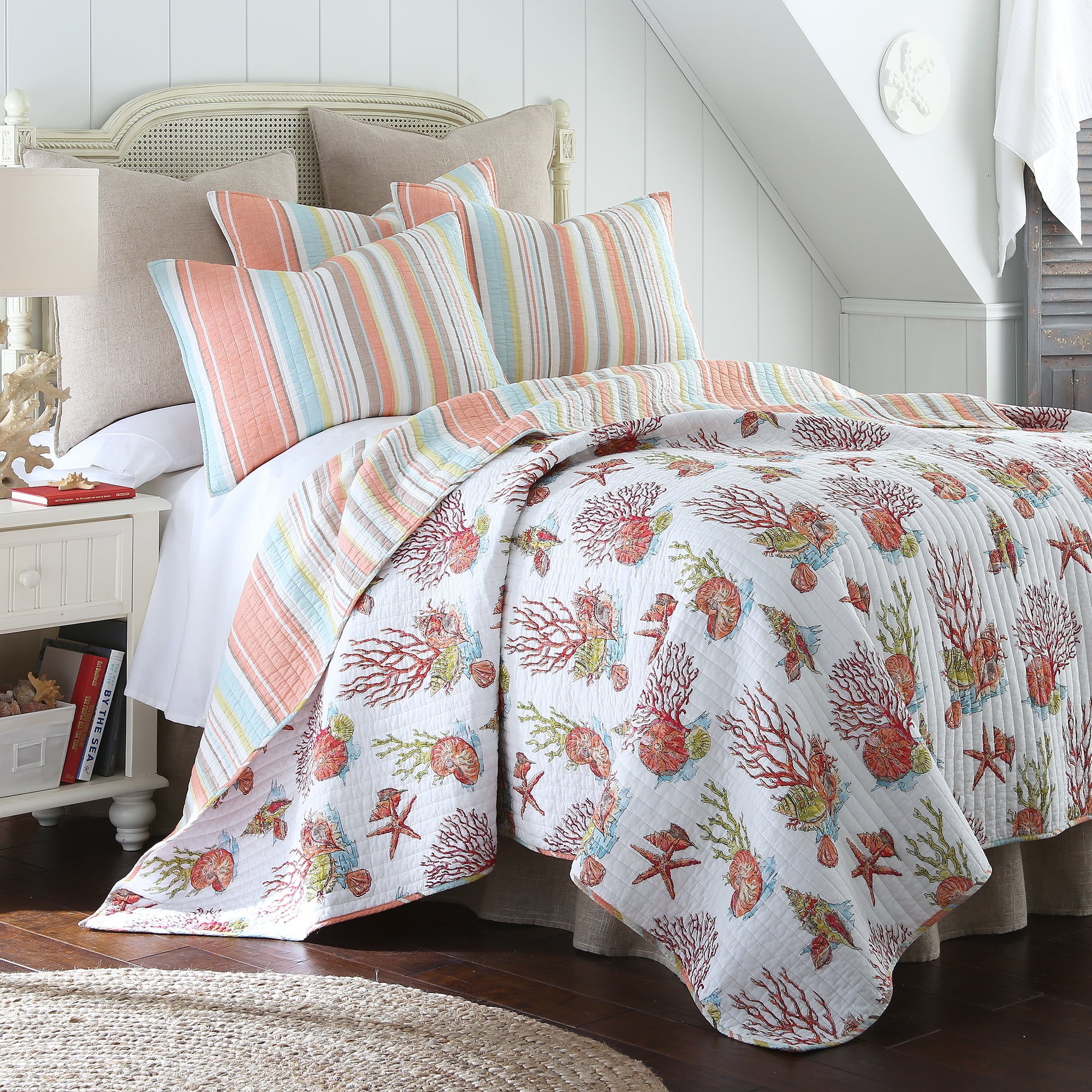 Levtex Home - Brighton Coral Quilt Set - Twin/Twin XL Quilt (68x86in.) + One Standard Pillow Sham (26x20in.) - Striped Coastal - Coral, Light Blue, Green, White, - Reversible - Cotton Fabric