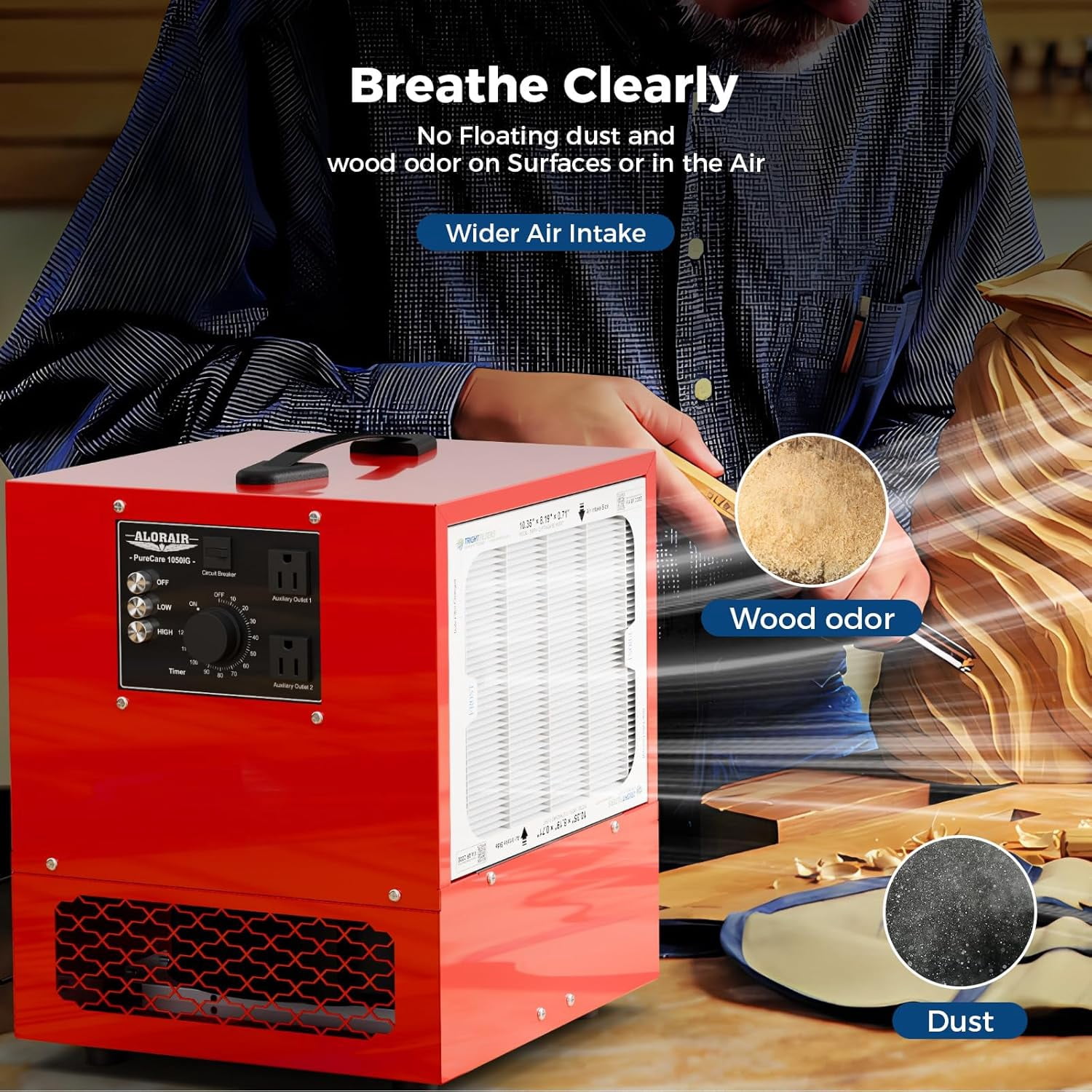 AlorAir 850/1050 CFM Portable Air Filtration System Built-In Ionizer with Strong Vortex Fan for Garage, Works Shop, Purecare 1050IG Tabletop Dust Collector