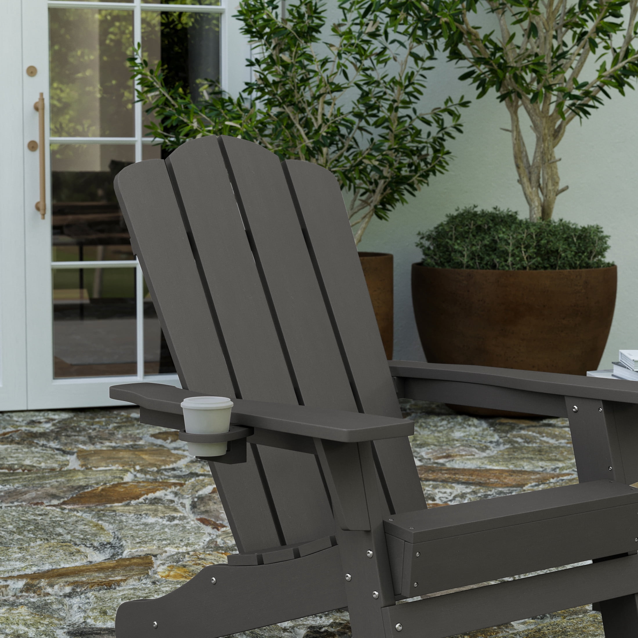 Merrick Lane Adirondack Chair with Cup Holder, Weather Resistant HDPE Adirondack Chair in Gray, Set of 4