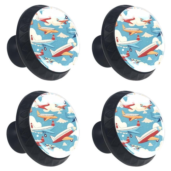 4 Pcs Cartoon Airplanes Pattern Print Cabinet Knobs 30mm Round Crystal Glass Drawer Handles Pulls with Screws for Kitchen Cupboard Wardrobe Closet Dresser, Home&Office