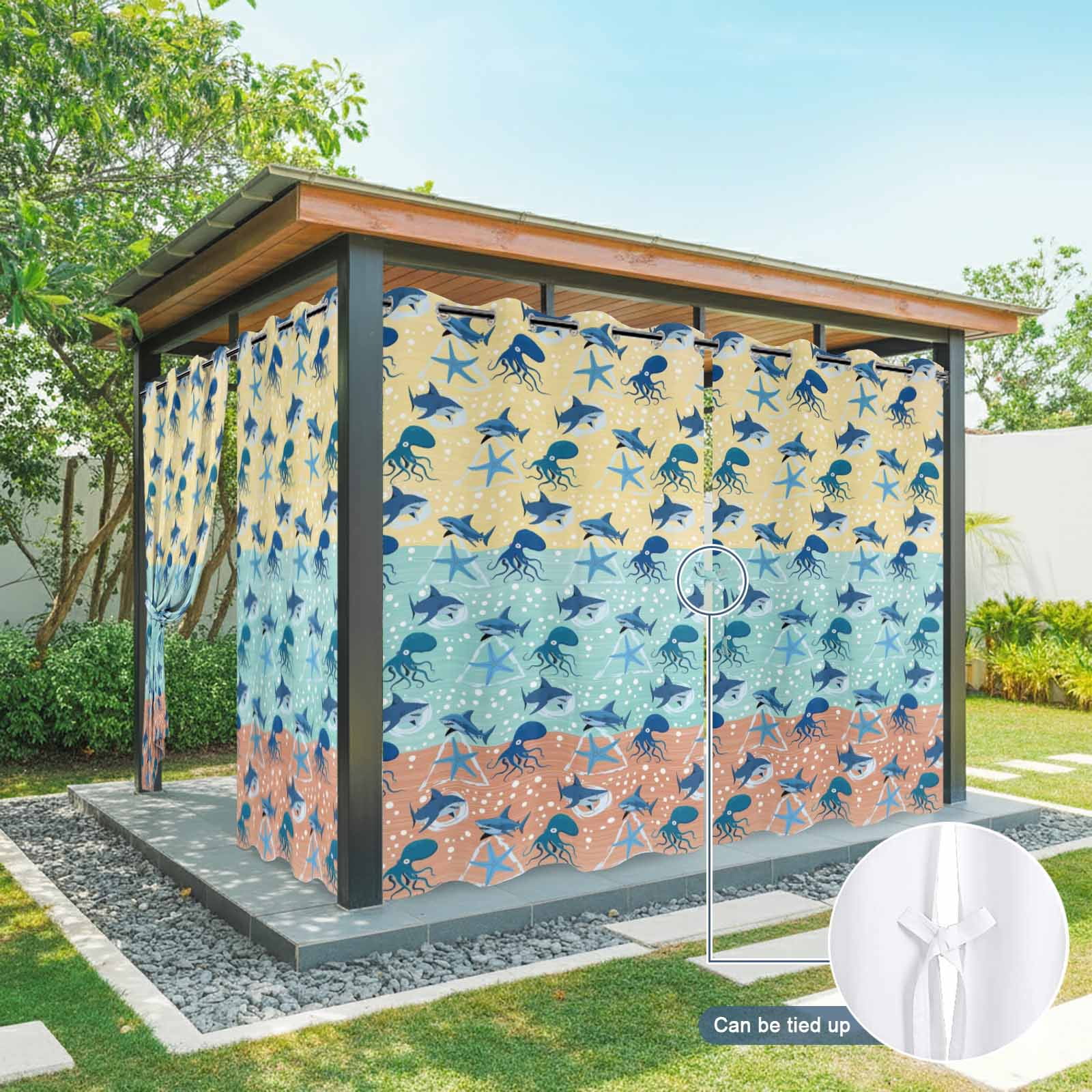 Summer Marine Life Outdoor Curtains for Patio, Watercolor Octopus Sharks Ocean Starfish Bubble Sunshade Privacy Drapes Grommet Waterproof Outside Curtains for Porch/Cabana/Balcony 54"x 108", 1 Panel