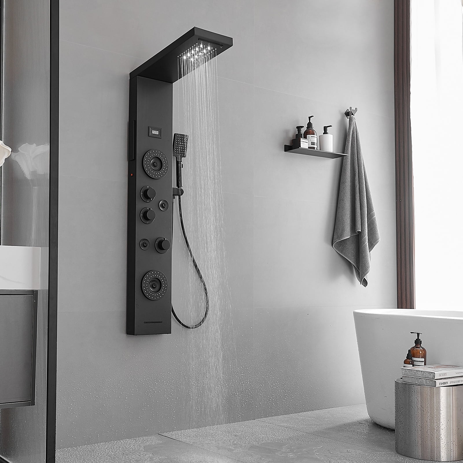 5-Jet Rainfall Shower Panel System with Rainfall Waterfall Shower Head and Shower Wand With LED Light in Stainless Steel