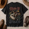 thumbnail image 3 of Ride It Like You Stole It Western Cowboy Graphic Washed T-Shirt, 100% Heavyweight Cotton, 180 GSM, Unisex Classic Fit, 3 of 7