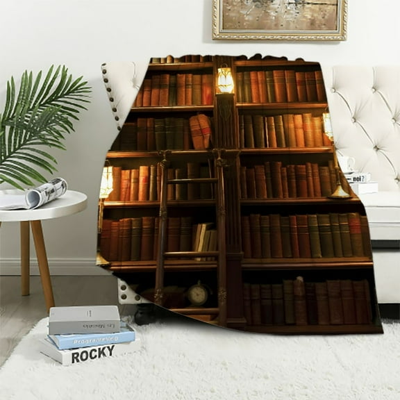 COMIO Blanket with Books on It, Soft Warm Throw Blankets for Book Lovers Gift Ideas, Vintage Library Bookshelf Candlelight