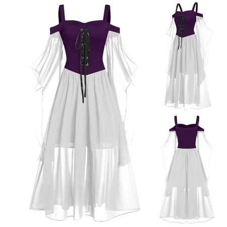 Womens s Medieval Renaissance Costume Cosplay Dress Long Sleeve Cold Shoulder Steampunk Gothic Victorian Corset Dress Womens Plus Size Solid Lace Up Halloween Dress  White&XXL