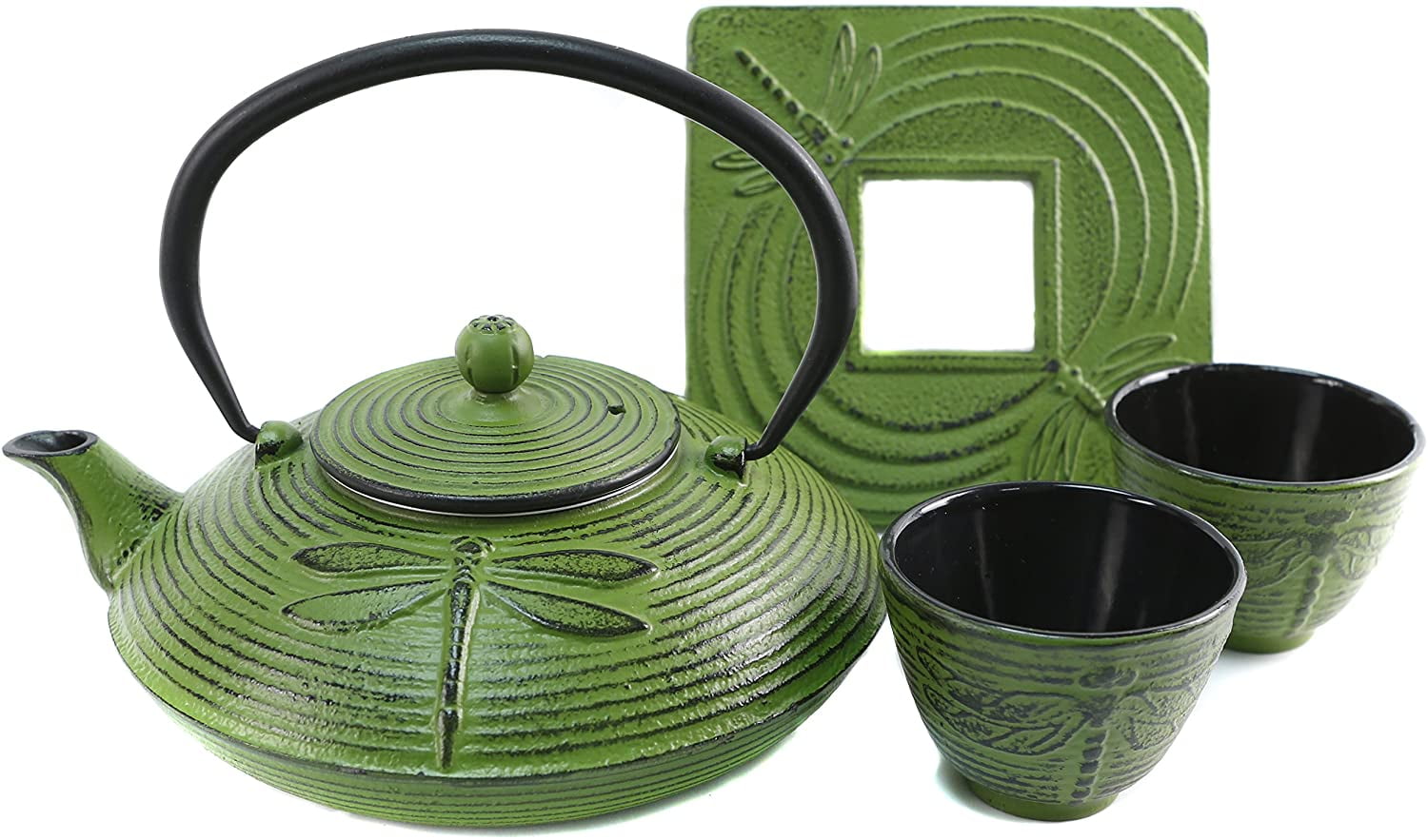 CUISILAND GREEN 27oz Dragonfly Cast Iron Teapot Set with 2 Cups