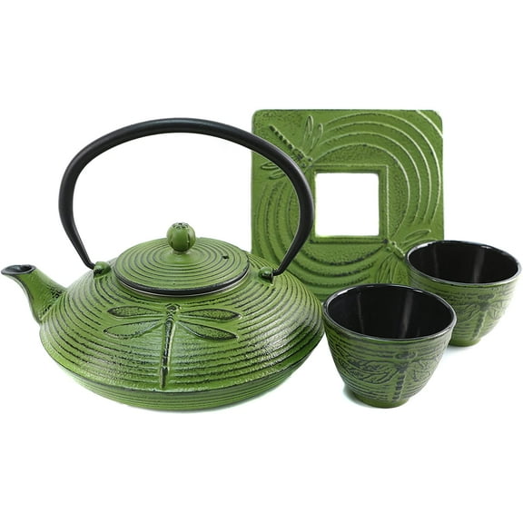 CUISILAND GREEN 27oz Dragonfly Cast Iron Teapot Set with 2 Cups