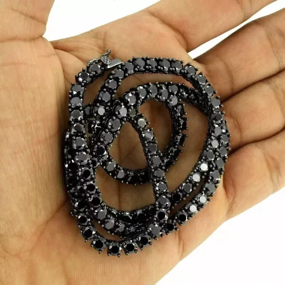 Men's 3MM 20Ct Round Cut Simulated Black Diamond Women's Tennis Necklace 14K Black Gold Plated 925 Sterling 18" inch
