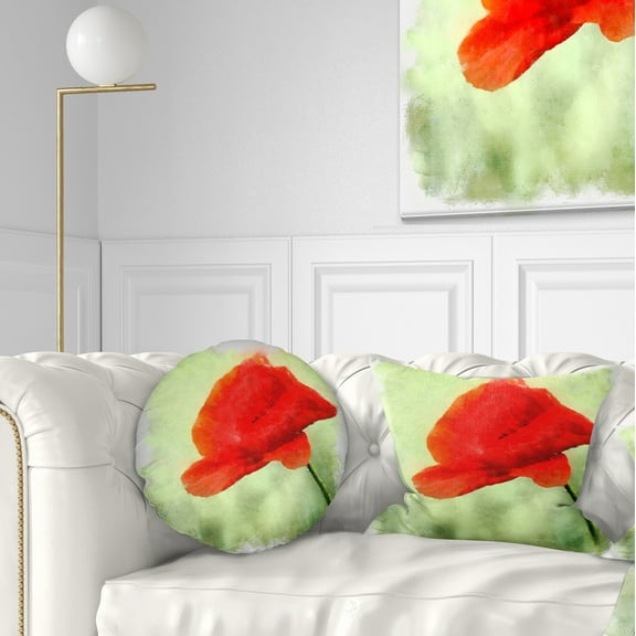 Designart Big Red Poppy Flower Watercolor - Floral Throw Pillow - 12x20