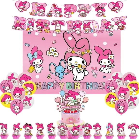 Birthday Party Supplies Set with My Melody Themed, Including Happy Birthday Banners,Background Flag,Cupcake Toppers, Balloons, Party Decor Kit.