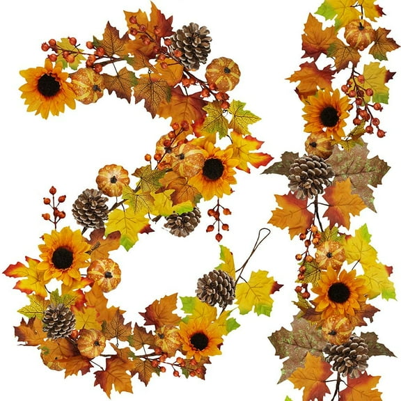 Bootesun 2 Pack Fall Maple Leaf Garland - 6FT/Piece Artificial Berries Sunflower Pumpkin Autumn Garland Decoration for Wedding Party Thanksgiving Dinner Fireplace Door Frame Doorway Backdrop Decors