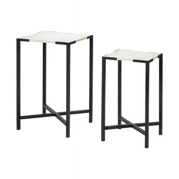Set of 2 White Marble Square Top Accent Tables with Black Iron Frame