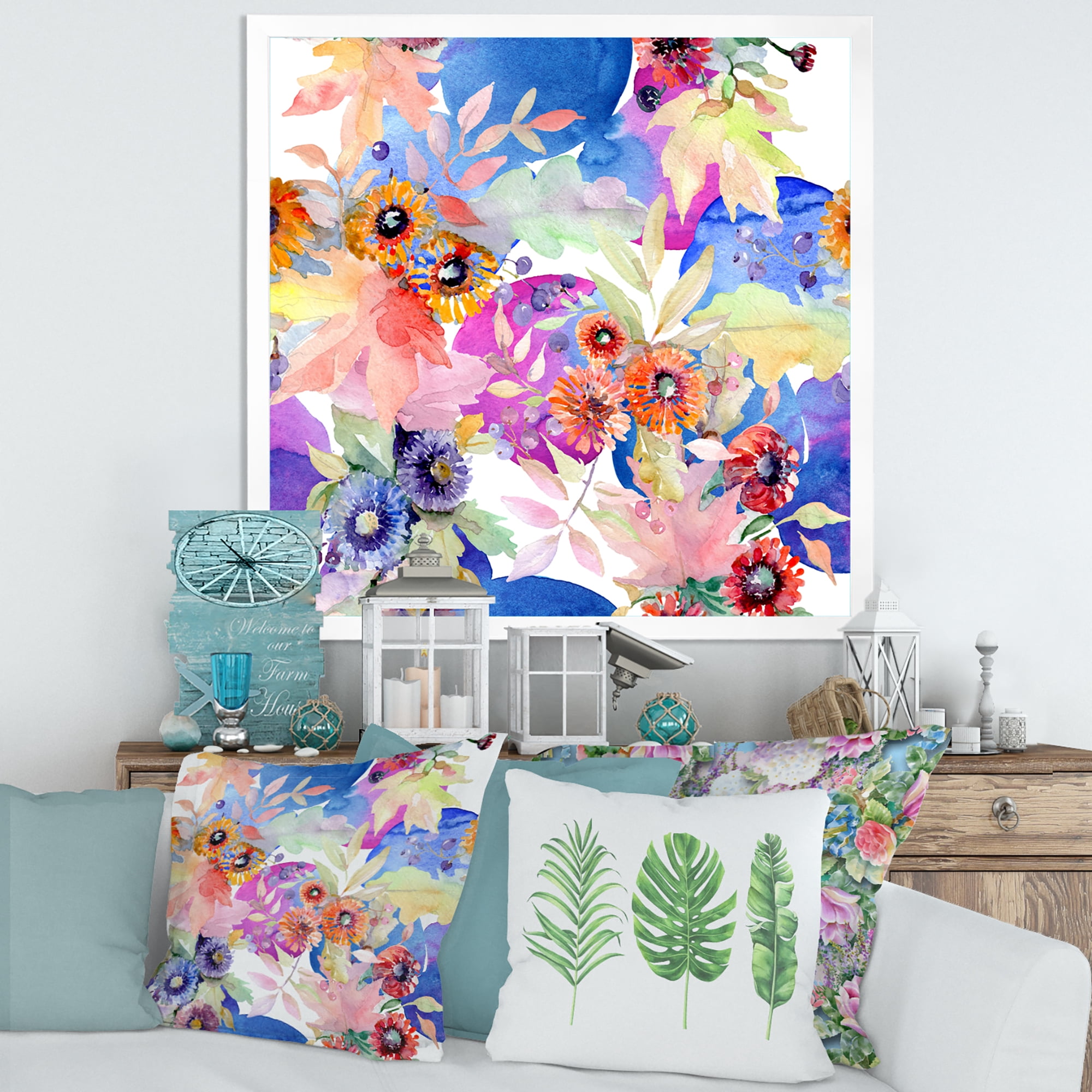 Wildflowers and Vibrant Wild Spring Leaves IV 36 in x 36 in Framed Painting Canvas Art Print, by Designart